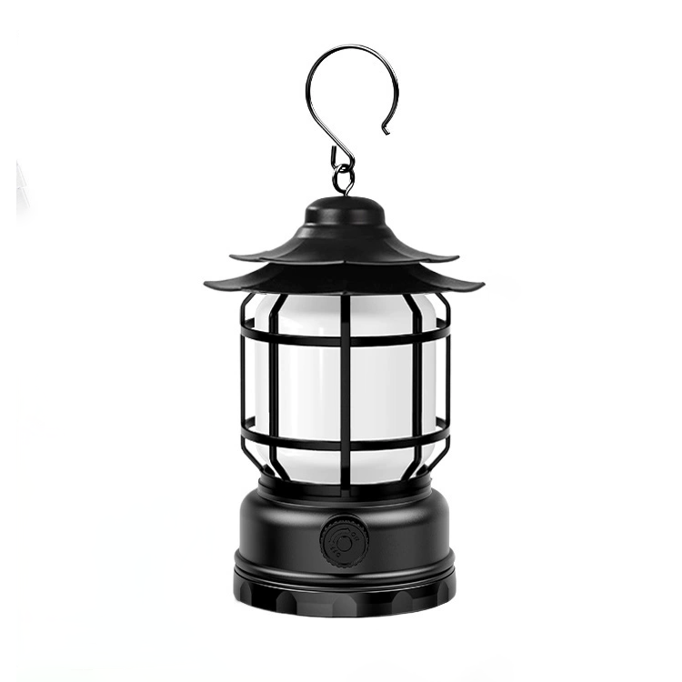 Rechargeable Oula camping lantern displaying warm candlelight effect in tent.