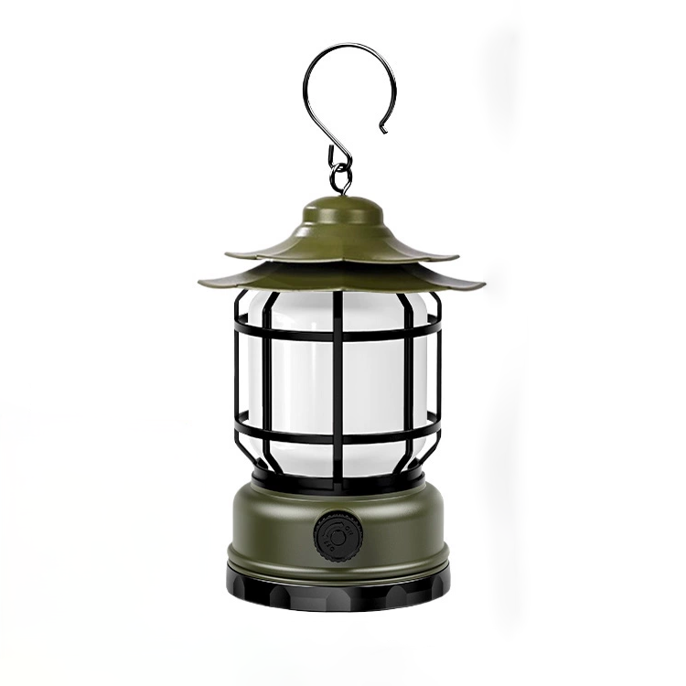 Rechargeable Oula camping lantern displaying warm candlelight effect in tent.